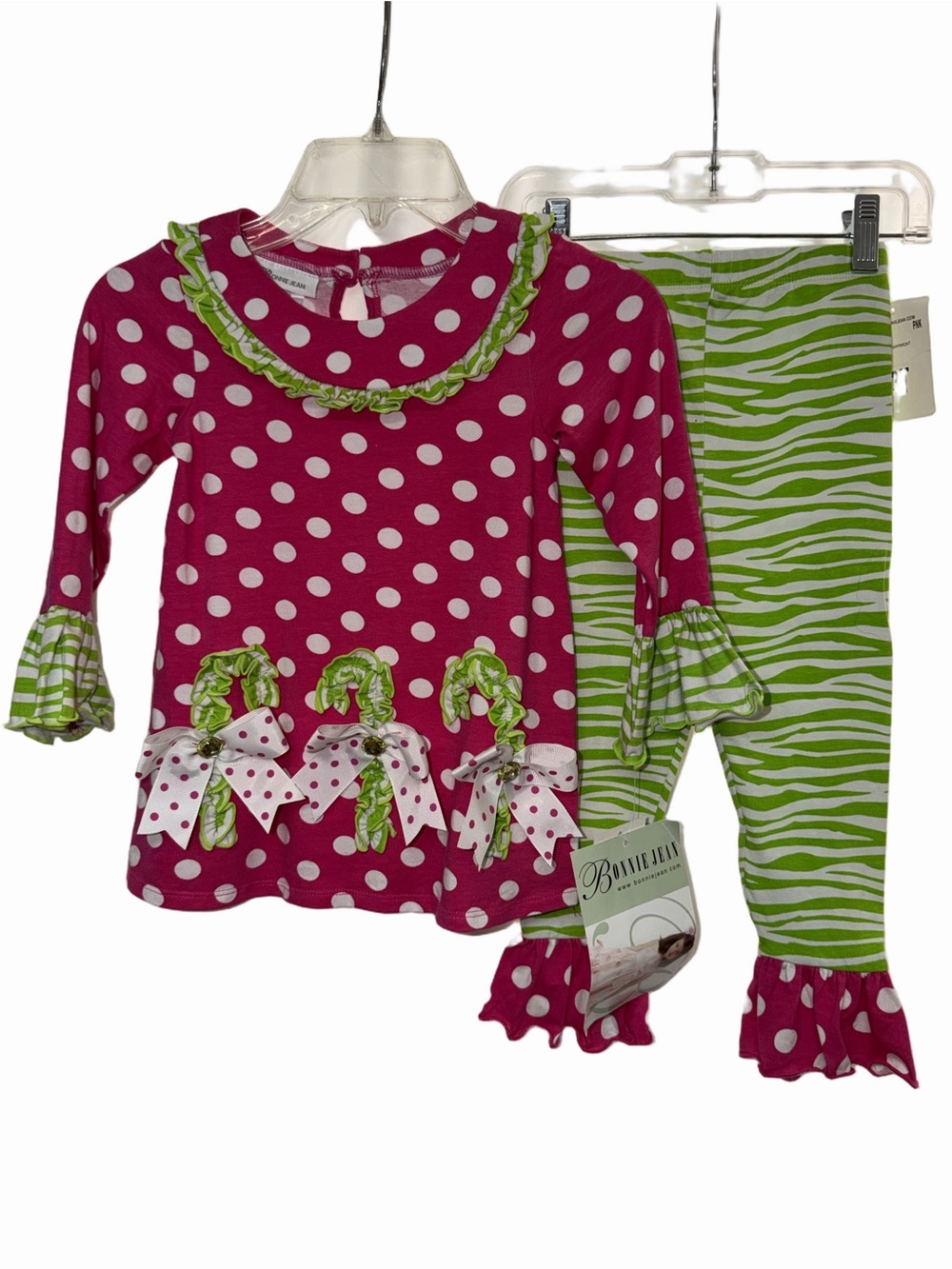 NWT Bonnie Jean 3T Pink White Polka Dot Candy Cane Christmas Tunic Legging Set
